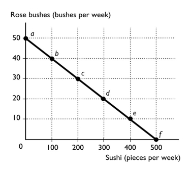 <strong> The figure above shows Sarah's budget line.Sarah earns $500 per week selling baskets made out of tree vines.With this money she buys sushi and rose bushes.Each piece of sushi costs $1 and each rose bush costs $10.Sarah will be at what point on her budget line if she spends $500 per week on rose bushes?</strong> A) Point a B) Point b C) Point c D) Point f E) Point e