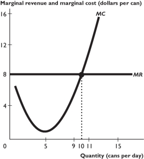 The figure above shows a firm's marginal revenue and marginal cost curves. -The firm in the figure above is ________ that is equal to ________.