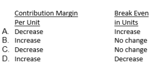 Rocky Company sells a single product.If both the selling price and variable cost per unit increase by 5% and fixed costs remain steady then: