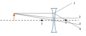<strong>Which ray passing through a diverging lens is not properly drawn? </strong> A)ray 1 B)ray 2 C)ray 3 D)ray 4 E)ray 1 and ray 3