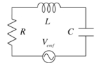 <strong>A circuit contains a 100- \varOmega resistor,a 0.0200-H inductor and 0.500 µF capacitor in series as shown.The time varying emf is 30.0 V at a frequency of 1000 Hz.Determine the current in the circuit. </strong> A)100 mA B)127 mA C)138 mA D)152 mA