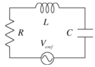 <strong>A circuit contains a resistor,a 0.0200-H inductor and 0.500- µF capacitor in series as shown.The time varying emf is 30.0 V at a frequency of 1000 Hz.The current flow through the circuit at this frequency is 128 mA.Determine the value of the resistor. </strong> A)59.0 \varOmega B)95.0 \varOmega C)111 \varOmega D)128 \varOmega E)133 \varOmega