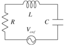 <strong>A circuit contains a 100- \varOmega resistor,a 0.0200-H inductor and 0.500 µF capacitor in series as shown.The time varying emf is 30.0 V at a frequency of 1000 Hz.Determine the voltage drop across the capacitor. </strong> A)10 V B)29 V C)44 V D)58 V