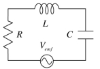 <strong>Determine the phase constant and the impedance of the RLC circuit shown in the figure when the frequency of the time-varying emf is 1 kHz,where C = 100 \mu F,L = 10 mH,and R = 100 \varOmega . </strong> A)31.5<sup> \circ </sup> B)58.5<sup> \circ </sup> C)63<sup> \circ </sup> D)27<sup> \circ </sup>