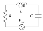 <strong>In the series RLC circuit shown,C = 4 \mu F,L = 5 mH,and R = 1 k \varOmega .What is the maximum current in the circuit if V<sub>peak</sub> = 10 V? </strong> A)0.5 mA B)1 mA C)10 mA D)50 mA