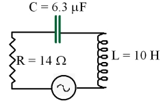 <strong>At what frequency in Hz is the current through the circuit shown a maximum? </strong> A)1230 B)78 C)64 D)92 * 10<sup>4</sup> E)20