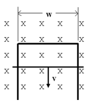 <strong>Two conducting rails of negligible resistance terminate in a resistor of resistance R = 2.40 \varOmega The rails are placed in a magnetic field B = 15.0 mT perpendicular to the plane of the rails.The magnetic field is uniform and time independent.The distance between the rails is w = 10.0 cm as shown in the figure.A conducting rod of negligible resistance slides frictionless on top of the two rails at a velocity v = 1.20 m/s + (3.4 m/s<sup>2</sup>)t,where t is the time,in seconds.The induced current in the circuit at t = 1.00 s is </strong> A)2.88 mA. B)1.81 mA. C)1.28 mA. D)0.978 mA. E)0.836 mA.