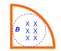 <strong>The conducting loop in the shape of a quarter-circle has a radius of 10 cm and resistance of 0.2 ohms.The magnetic field strength within the dotted circle of 3-cm radius is initially 2 T.If the magnetic field strength decreases from 2 T to 1 T in 2 s,find the magnitude and the direction of the induced current in the loop. </strong> A)1.414 A,counter-clockwise B)7.07 mA,clockwise C)1.414 A,clockwise D)0.707 A,counter-clockwise