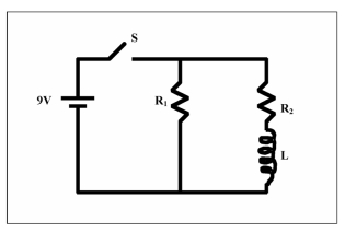 <strong>A 9-V battery is connected through a switch to 2 identical resistors and an ideal inductor as shown in the figure.The 2 resistors each have a resistance of 20 ohms and the inductor has an inductance of 0.10 henries.The switch is initially open.Ten milliseconds after the switch is closed,what is the current in resistor R<sub>2</sub>? </strong> A)0.19 A B)0.23 A C)0.28 A D)0.39 A E)0.44 A