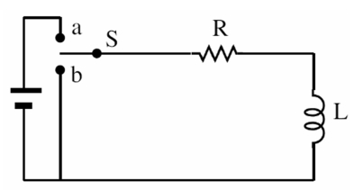 <strong>An RL circuit with a resistor with R = 8.80 \varOmega and an inductor with inductance L = 3.70 mH has an energy of 3.00 J with the switch in position a.At time = 0 seconds,the switch is moved to position b.What is the current (in a)after 1.90 milliseconds? </strong> A)0.321 B)0.375 C)0.439 D)0.514 E)0.601