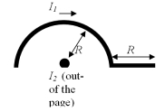 <strong>Find the magnitude of the magnetic force on a wire,which has semicircular section of radius R followed by a straight section of length R as shown in the figure,carrying a current I<sub>1</sub>= 10 A,due to the magnetic field created by a second wire,which is perpendicular to the page,carrying a current I<sub>2</sub> = 10 A.I<sub>2</sub> flows out of the page and R = 10 cm. </strong> A)55 mN B)0 N C)12 mN D)8.1 µN E)13.9 µN