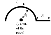 <strong>Wire 1 has a semicircular section of radius R followed by a straight section of length R as shown in the figure,and carries a current I<sub>1</sub>.Wire 2,which is perpendicular to the page,carries a current I<sub>2</sub>,where I<sub>2</sub> flows out of the page.If R is doubled,by what factor will the magnitude of the magnetic force on wire 1 due to the magnetic field created by wire 2 change? </strong> A)2 B)1 C)0.5 D)4