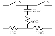 <strong>In the circuit shown in the figure,the switches S1 and S2 are initially open and the 20-mF capacitor has a charge of 100 mC.About how long will it take after switch S1 is closed (switch S2 remains open)for the charge on the capacitor to drop to 5 mC? </strong> A)3.0 s B)6.0 s C)9.0 s D)12 s E)18 s