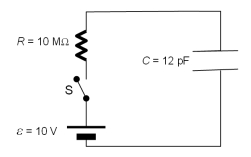 <strong>In the circuit shown the capacitor is initially uncharged and the switch is open.Determine how much charge would accumulate after switch S has been closed for 0.1 ms. </strong> A)1.47 nC B)14.7 nC C)67.8 nC D)67.8 pC