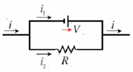 <strong>Use Kirchhoff's rules to solve for i1 (in a)in the circuit shown above where i = 15.0 A,V = 14.0 V,and R = 6.00 \varOmega .Note that this drawing represents a subset of a full circuit. </strong> A)13.6 B)15.3 C)17.3 D)19.6 E)22.1