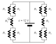 <strong>In the circuit shown,R<sub>1</sub> = 3 \varOmega ,R<sub>2</sub> = 6 \varOmega ,R<sub>3</sub> = 20 \varOmega ,and \varOmega = 12 V.Calculate the magnitude of current flowing through R<sub>3</sub> on the left branch of the circuit (marked with ☺). </strong> A)0.5 A B)1.0 A C)0.25 A D)2.0 A