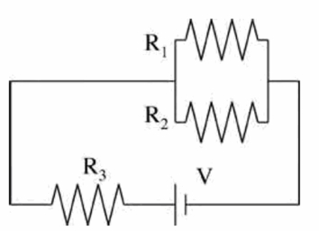 <strong>In the circuit shown,R1 = 9.00 \varOmega ,R2 = 14.0 \varOmega ,R3 = 2.50 \varOmega ,and V = 16.0 V.Find the total power dissipated in the circuit (in W). </strong> A)10.53 B)15.26 C)22.13 D)32.09 E)46.53