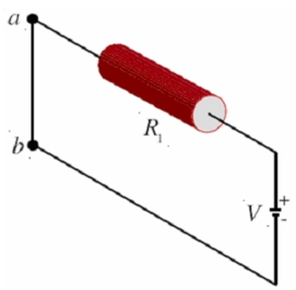 <strong>A circuit containing a battery with V = 10.3 V and a resistor R1 = 15.7 \varOmega is shown.If we replace the wire between points a and b with a second resistor R2 = 26.8 \varOmega ,by how much (in a)will the total current through the battery change? </strong> A)-0.265 B)-0.331 C)-0.414 D)-0.517 E)-0.646