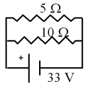 <strong>What is the current in the 5 \varOmega resistor? </strong> A)3.3 A B)2.2 A C)330 A D)6.6 A E)165 A