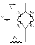 <strong>Consider this circuit.Let R<sub>1</sub> = R<sub>2</sub> = R<sub>3</sub> = R<sub>4</sub> = R<sub>5</sub> = 10 \varOmega .If V= 20 V then what is the current I<sub>V</sub> going through the circuit? </strong> A)0.5 A B)1.0 A C)1.5 A D)2.0 A E)10.0 A