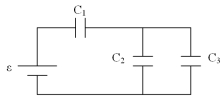 <strong>In circuit shown,calculate the charge on C<sub>3</sub>,where \varepsilon = 10 V,C<sub>1</sub> = C<sub>2</sub> = 6 \mu F and C<sub>3</sub> = 3 \mu F. </strong> A)12 µC B)36 µC C)24 µC D)9 µC