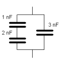 <strong>The equivalent capacitance for the three capacitors shown is </strong> A)6 nF. B)0.167 nF. C)3.67 nF. D)0.27 nF. E)0.667 nF .