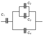 <strong>Consider the assembly of capacitors shown here.Let C<sub>1</sub> = C<sub>2</sub> = C<sub>3</sub> = C<sub>4</sub> = 20 mF.What is the equivalent capacitance of this circuit? </strong> A)10 mF B)15 mF C)30 mF D)80 mF E)40 mF