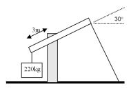 <strong>A board with a length of 7.00 m and a mass of 50.0 kg is attached by a large bolt to a support at a distance of 3.00 m from one end.The board makes an angle of 30.0<sup> \circ </sup> with the horizontal,as shown in the figure.A mass of 220 kg is attached with a rope to one end of the board,and a second rope is attached at a right angle to the other end of the board.Find the magnitude of the force exerted on the board by the bolt. </strong> A)1350 N B)2650 N C)3810 N D)3880 N E)8480 N