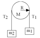 <strong>Two masses are hung by a massless cord over a disk with radius R and mass M as shown.If the angular velocity of the disk is 2 rad/s counterclockwise and is not changing,which one of the following statements is true? </strong> A)T<sub>2</sub> > m<sub>2</sub>g B)T<sub>2</sub> > T<sub>1</sub> C)The net torque on the disk must be zero. D)The angular acceleration of the disk is counterclockwise. E)T<sub>1</sub>m<sub>1</sub> + T<sub>2</sub>m<sub>2</sub> = Mg