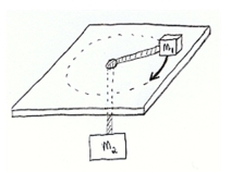 <strong>Two masses are attached to a 1-meter rope as shown such that part of the rope hangs vertically below the frictionless table.m<sub>1</sub> (= 2 kg)is set into circular motion with speed 3.0 m/s.What is the length of rope hanging vertically below the table if tension in the rope if m<sub>2</sub> (= 5 kg)is to remain stationary? </strong> A)0.18 m B)0.60 m C)0.82 m D)0.71 m E)0.29 m