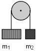 <strong>Consider two blocks hung by a massless string from a frictionless pulley as shown in the figure.The masses of the blocks are m<sub>1</sub>=5 kg and m<sub>2</sub>=7 kg.The bottoms of the blocks are 20 meters above the top of the table.While m<sub>2</sub> is accelerating downward,what is the magnitude of the tension in the string (within 5% accuracy)?  </strong> A)57 N B)49 N C)69 N D)80 N E)5 <div style=padding-top: 35px> 