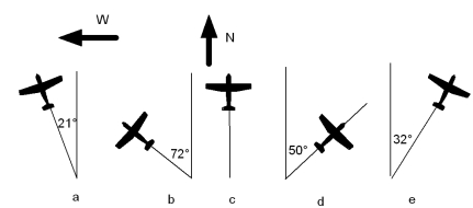 <strong>The wind is blowing due west with a speed of 16 m/s,and a pilot with a 30 m/s plane wants to fly due north.Which picture below best describes what the heading of the plane should be? </strong> A)a B)b C)c D)d E)e