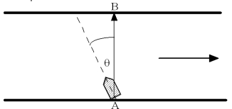 <strong>A boat crosses a river which is flowing at 6.0 m/s.The boat travels directly across the river from A to B and the speed of the boat relative to the river is 9.0 m/s.If it takes the boat 10.0 seconds to cross the river,how wide is the river? </strong> A)108.1 m B)89.2 m C)67.1 m D)60.0 m E)150.0 m