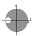 <strong>A circular pizza of radius R has a circular piece of radius removed from one side,as shown in the figure.The center of mass of the pizza with the hole is at a distance of R/6 from the center of mass of the original pizza.The radius of the circular piece removed is </strong> A)R/20. B)R/2. C)R/30. D)R/3. E)R/12.