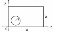 <strong>A thin rectangular plate of uniform density \sigma <sub>1</sub> = 1.67 kg/m<sup>2</sup> has a length a = 0.740 m and a width of b = 0.330 m.The lower left hand corner is placed at the origin,(x,y)= (0,0).A circular hole is cut in the plate of radius r = 0.064 m with center at (x,y)= (0.084 m,0.084 m)and replaced with a circular disk with the same radius composed of another material of the same thickness with uniform density \sigma 2 = 5.94 kg/m<sup>2</sup>.What is the distance of the resulting plate's center of mass from the origin? (in m) </strong> A)0.157 B)0.209 C)0.278 D)0.370 E)0.492
