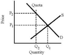 Figure 22-13 See Figure 22-13.The quota raises the price from P<sub>1</sub> to P<sub>2</sub>, and lowers the quantity imported from Q<sub>1</sub> to Q<sub>2</sub>.The primary determinant of what portion of the quota is paid by the buyers is elasticity of demand.The more elastic demand, the lower the portion paid by buyers.The less elastic demand, the higher the portion paid by buyers. -What is strategic trade policy? What are the pros and cons of such a policy by a nation in its dealings with other nations?