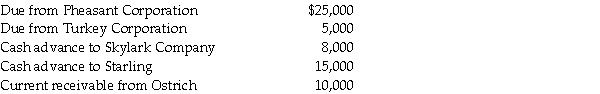 <strong>Bird Corporation has several subsidiaries that are included in its consolidated financial statements and several other investments in corporations that are not consolidated.In its year-end trial balance,the following intercompany balances appear.Ostrich Corporation is the unconsolidated company;the rest are consolidated. What amount should Bird report as intercompany receivables on its consolidated balance sheet?</strong> A)$0 B)$10,000 C)$30,000 D)$63,000