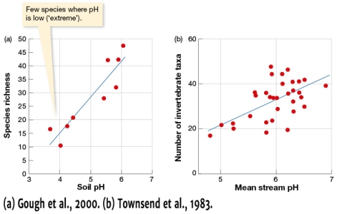 <strong>In Figure 10.14b,which of the following statements is accurate? </strong> A) Between pH 5 to 7, the number of invertebrate taxa is positively associated with mean stream pH . B) Between pH 5 to 7, the number of invertebrate taxa is negatively associated with mean stream pH. C) Number of invertebrate taxa is not associated with mean stream pH. D) Species richness is greatest at the lowest mean stream pH.