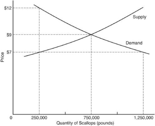 <strong>The following questions are based on the following graph illustrating the market for scallops: The equilibrium price is ________ per pound.</strong> A) more than $12 B) $12 C) $9 D) $7 E) less than $7