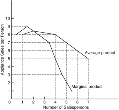 <strong>The following questions are based on the following diagram illustrating the weekly average and marginal products for salespersons in the appliance department of a large department store: If the number of salespersons were increased from four to five,the number of appliances sold per week would</strong> A) increase. B) decrease. C) remain unchanged. D) decrease at first and then increase. E) most likely change but how is uncertain.