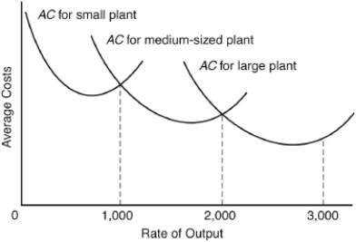 <strong>The following questions are based on the following diagram of the average cost curves for three different-sized plants: If the firm is still in the planning stages of plant construction,it should choose the</strong> A) small plant if it expects an output rate below 3,000 units per day. B) large plant regardless of output because it has the lowest per unit costs. C) medium-sized plant because it would give the firm the most flexibility, allowing it to produce any output between 0 and 3,000. D) small plant if it expects an output rate below 1,000 per day. E) medium-sized plant because it has the advantage of increasing economies of scale.