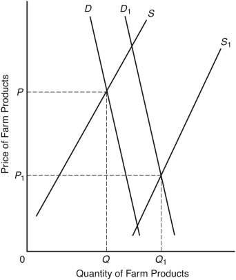 <strong>The following questions are based on the following graph. The curves D and S represent the market demand and supply curves for farm products in 1960. The curves D₁ and S₁ represent the market demand and supply curves for farm products in 2000. It is supposed that there were no support programs in either year. The steepness of the two demand curves can best be explained by the fact that</strong> A) the quantity of food demanded does not vary much with the price of food because food is a necessity. B) the consumption of food per capita faces natural limits and hence responds by only a small amount to changes in per capita income. C) farmers have only limited control over their outputs. D) there has been rapid technological change in agriculture. E) poor farmers have been slow to leave the farming industry.
