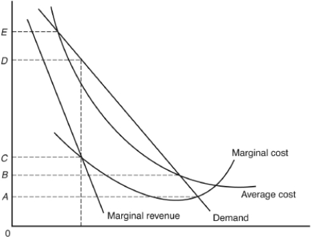 <strong>The following questions are based on the following graph showing the demand and cost curves of a regulated monopolist. Assume the cost curves include provisions for fair rates of return.   The regulatory agency typically establishes a price of</strong> A) 0A. B) 0B. C) 0C. D) 0D. E) 0E. <div style=padding-top: 35px> 