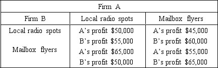 <strong>The possible outcomes of a two-firm nonrepeated promotional campaign are summarized as follows: According to the information given,it would be best for firm B to</strong> A) concentrate on local radio spots regardless of the promotional campaign chosen by firm A. B) concentrate on mailbox flyers regardless of the promotion campaign chosen by firm A. C) match A's strategy; that is, if A chooses radio advertising, B should do the same. D) choose the opposite strategy from firm A; that is, if A chooses radio, B should choose mailbox flyers. E) allocate one-half of its promotional budget to local radio advertising and one-half to mailbox flyers.
