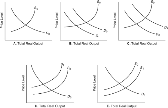<strong>The following questions are based on the following diagrams in which D₀ and S₀ refer to the initial aggregate demand and short-run aggregate supply curves: Economic conditions during World War II are best illustrated by diagram</strong> A) A. B) B. C) C. D) D. E) E.