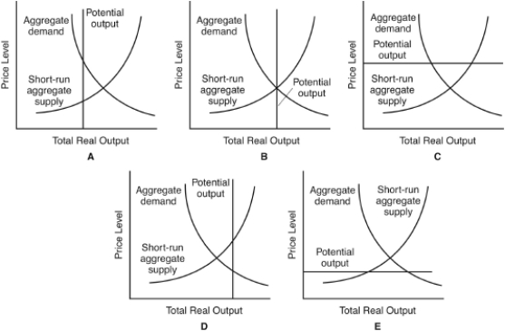 <strong>Refer to the following graphs for the following questions. Which of the diagrams best reflects the existence of an inflationary gap?</strong> A) A B) B C) C D) D E) E