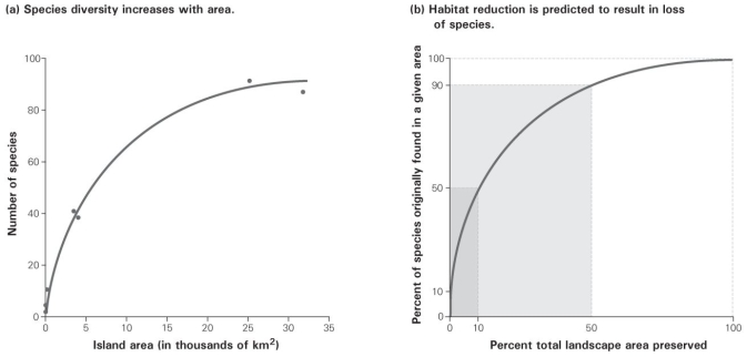 <strong>  According to this species-area curve for reptiles and amphibians on a West Indian archipelago, a 50% decrease in area will change the number of species living in the remaining area by</strong> A) +50% B) -50% C) -90% D) -10% <div style=padding-top: 35px> 