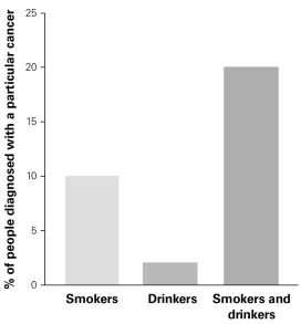 <strong> How do smoking and alcohol consumption affect cancer risk?</strong> A) Smoking combined with alcohol consumption results in greater cancer risk. B) Drinking alcohol results in greater cancer risk than smoking. C) Smoking or drinking alcohol result in similar cancer risk. D) Smoking results in twice the cancer risk of drinking.