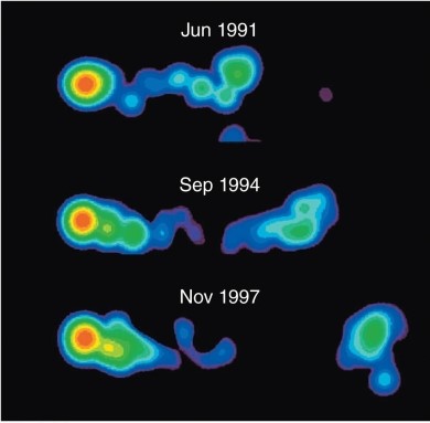 <strong> What can be inferred about the distance traveled by the blob of plasma shown moving in this figure at almost the speed of light?</strong> A)It moved several light years between 1991 and 1997. B)It could only have moved a small fraction of a light year between 1991 and 1997. C)There is not enough information to tell anything about the distance traveled by the plasma.