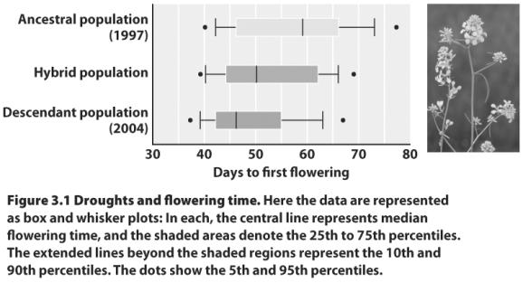 <strong> According to the figure above,which of the following statements is true?</strong> A)Hybrids flowered later in the season than those from predrought populations. B)Hybrids flowered earlier in the season than those from postdrought populations. C)Hybrids flowered at intermediate times. D)None of the above